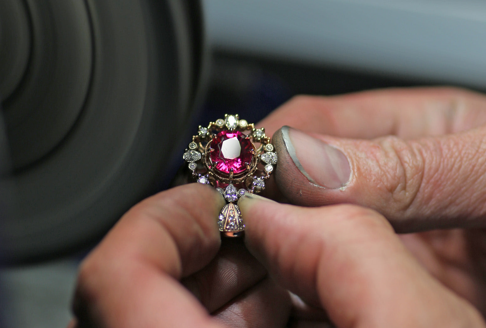 White and rose gold rubellite tourmaline cluster pendant with natural white diamonds.