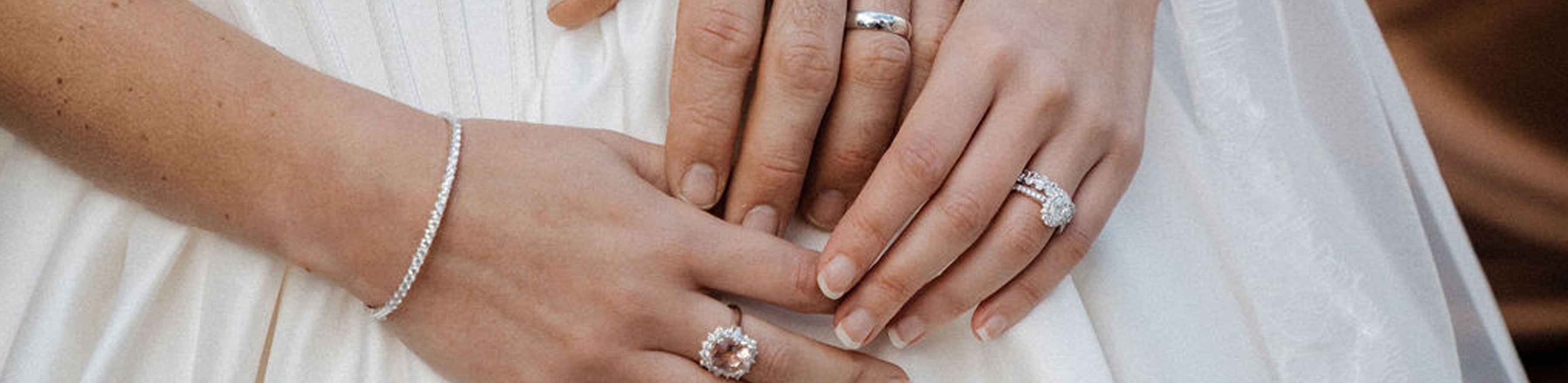 Bride and groom holding hands with wedding rings.