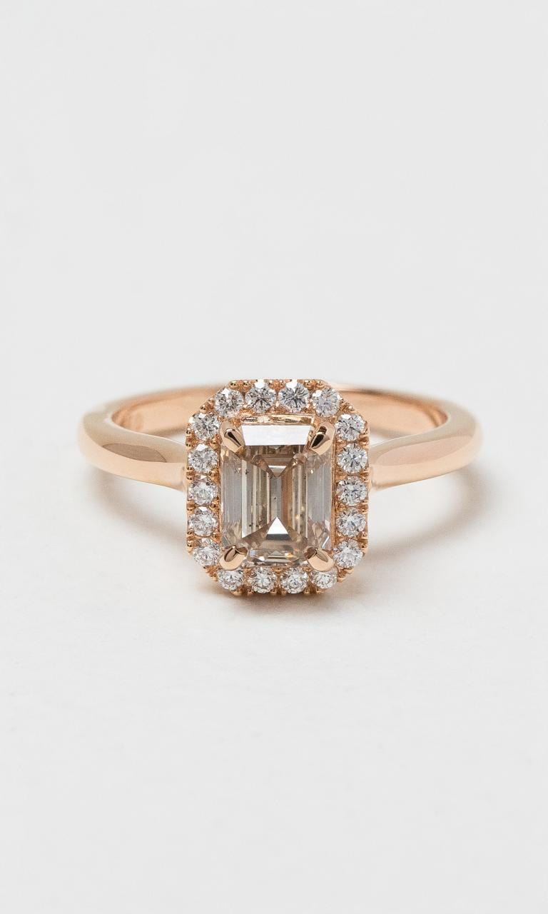 2024 © Hogans Family Jewellers 18K RG Emerald Cut Champagne Diamond Halo Ring