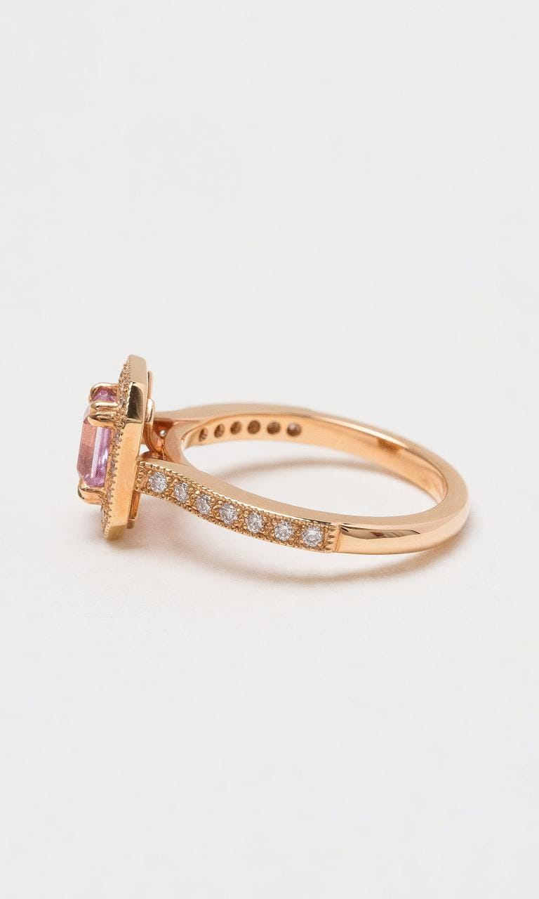 2024 © Hogans Family Jewellers 18K RG Emerald Cut Sapphire & Diamond Halo Ring