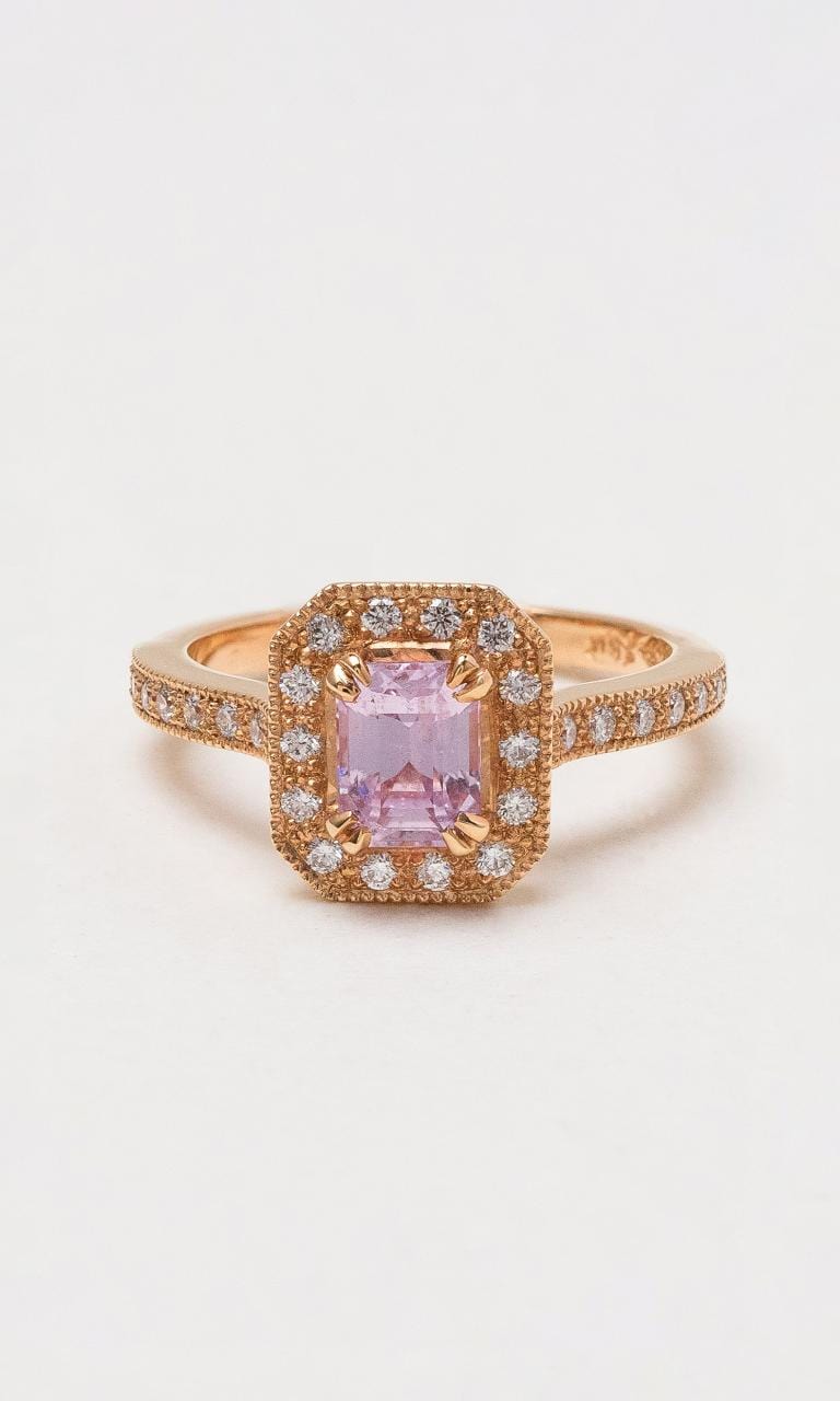 2024 © Hogans Family Jewellers 18K RG Emerald Cut Sapphire & Diamond Halo Ring