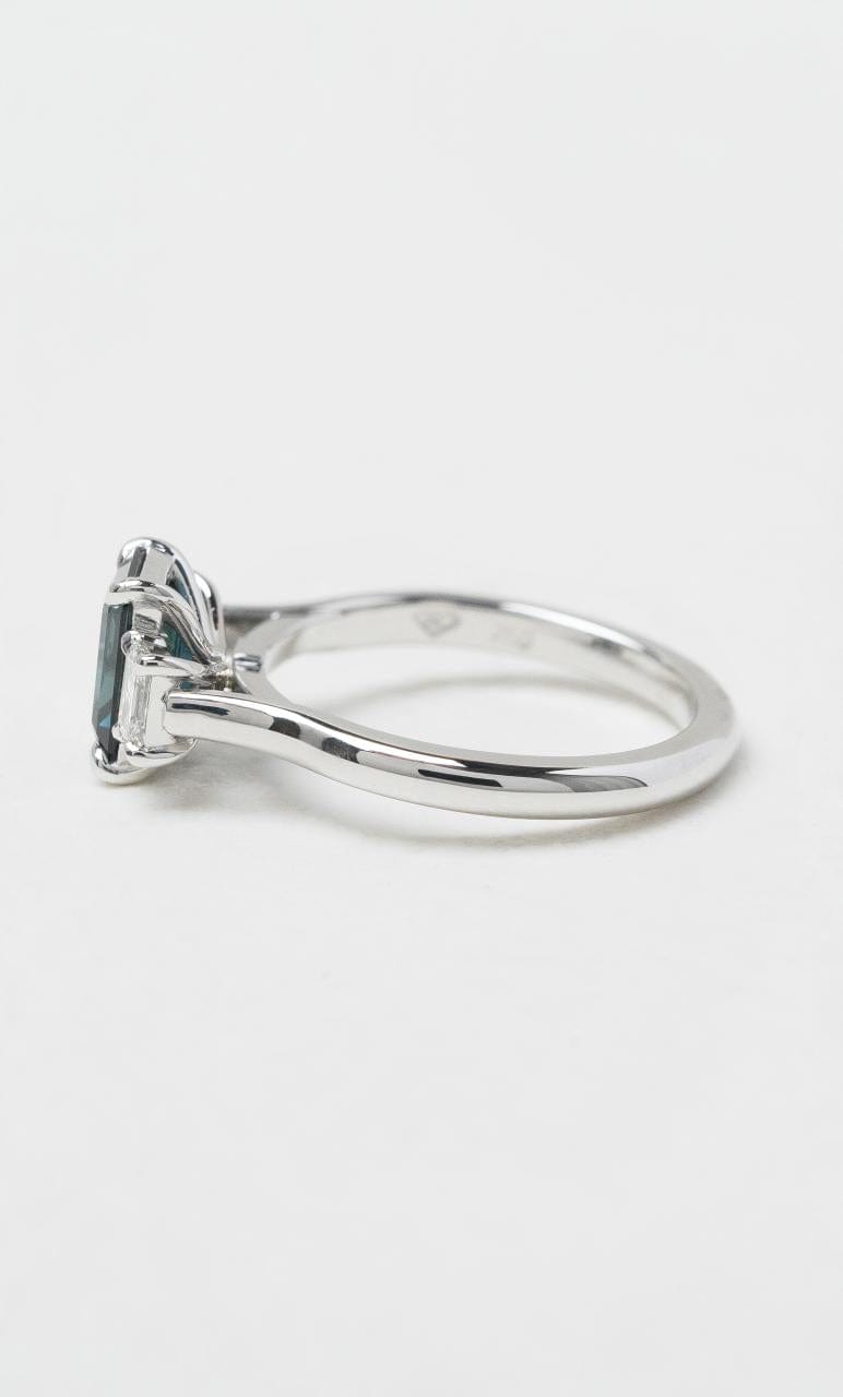 2024 © Hogans Family Jewellers 18K WG Emerald Cut Australian Sapphire & Diamond Trilogy Ring