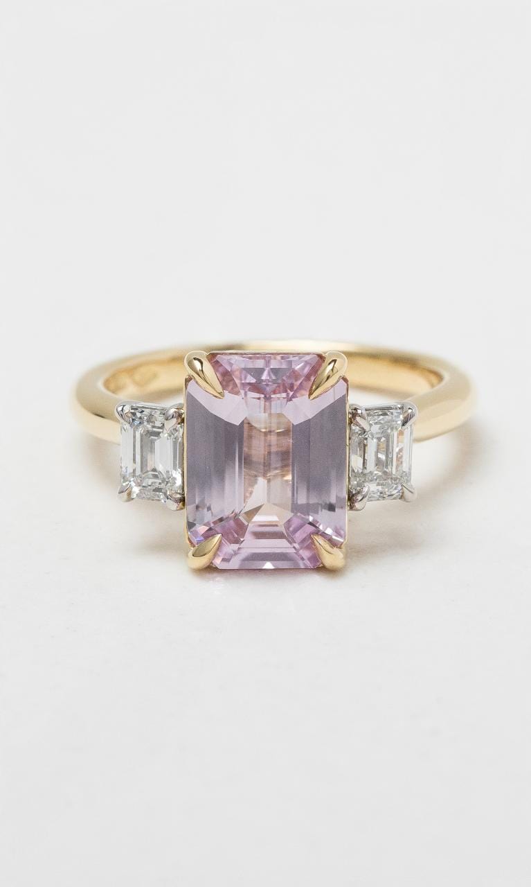 2024 © Hogans Family Jewellers 18K YWG Emerald Cut Pink Sapphire Trilogy Ring