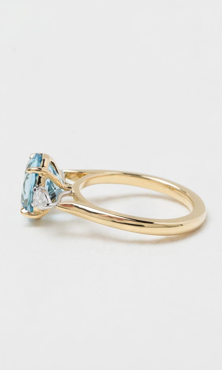 2024 © Hogans Family Jewellers 18K YWG Oval Aquamarine & Diamond Trilogy Ring