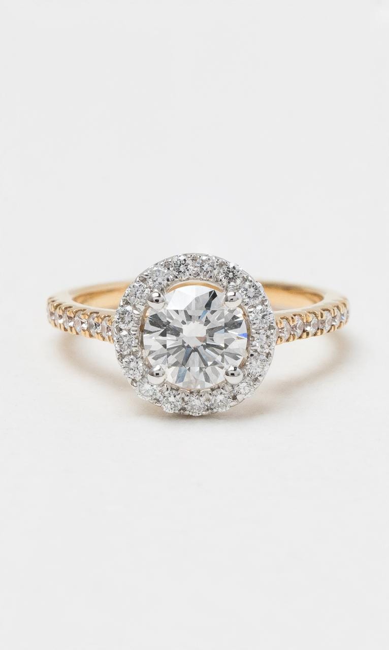 2024 © Hogans Family Jewellers 18K YWG Round Brilliant Diamond Halo Ring