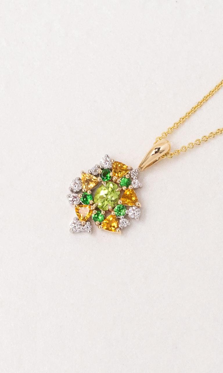 2024 © Hogans Family Jewellers 9K YWG Multi-Coloured Peridot, Citrine, Garnet and Diamond Pendant