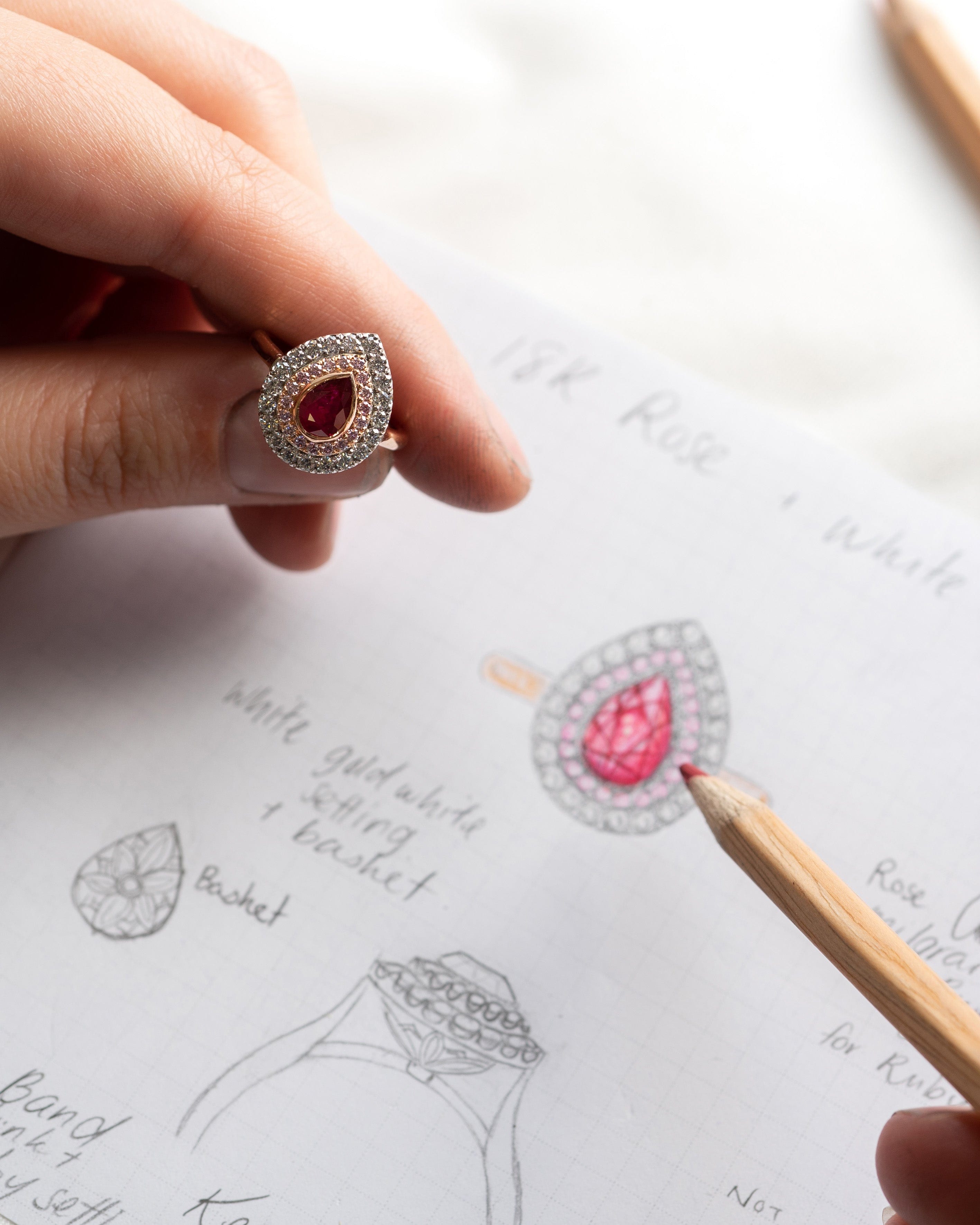 Hogans Family Jewellers jewellery designer holding pear shaped ruby and diamond cluster ring in left hand, and red colouring pencil in right hand with sketched ring design in background.