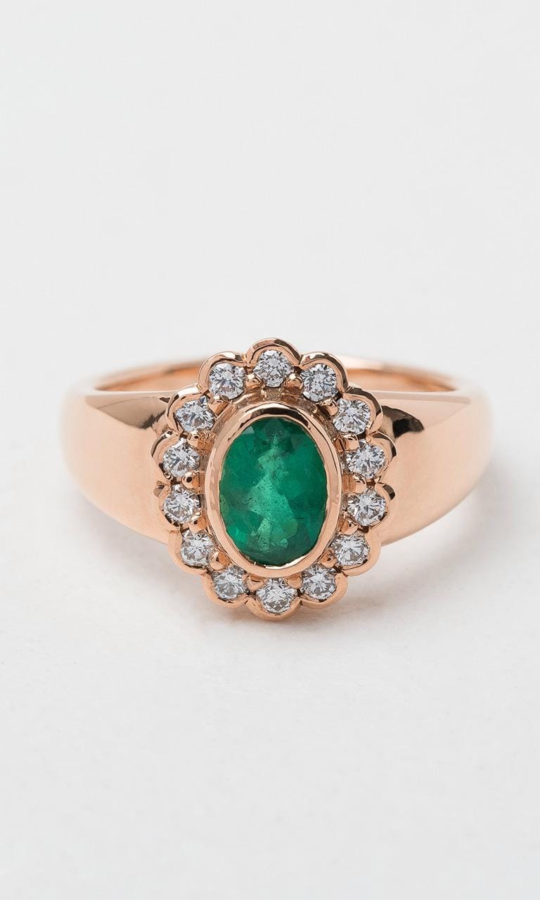 Hogans Family Jewellers 18K RG Oval Cut Emerald Daisy Signet Ring
