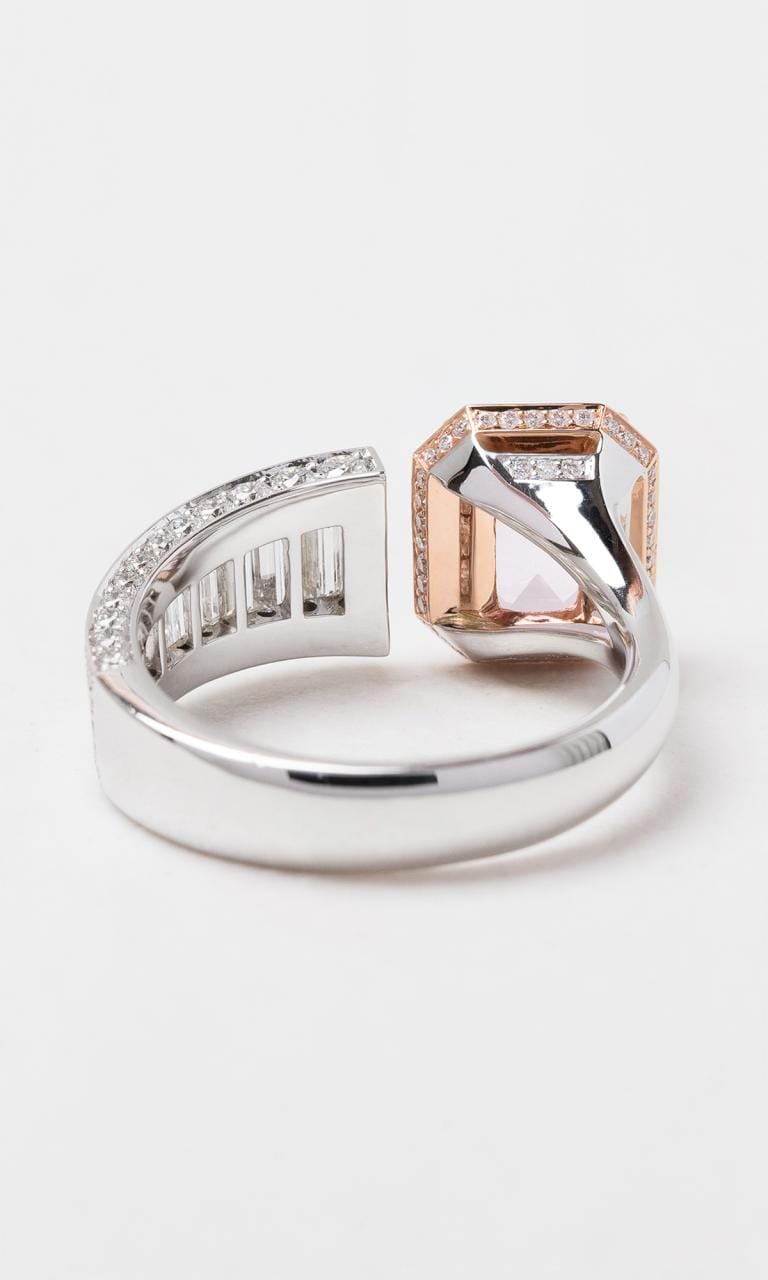 Hogans Family Jewellers 18K RWG Emerald Cut Padparadscha Sapphire Split Ring