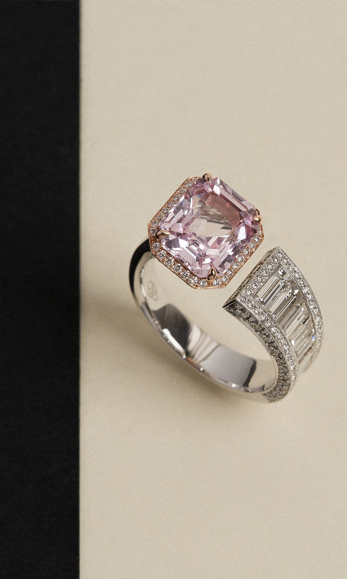 Hogans Family Jewellers 18K RWG Emerald Cut Padparadscha Sapphire Split Ring