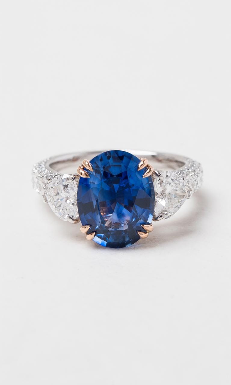 Hogans Family Jewellers 18K RWG Oval Cut Sapphire & Australian Pink Diamond Trilogy Ring