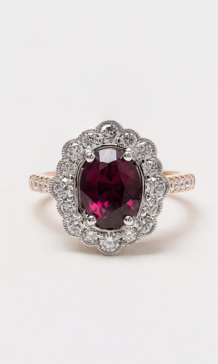 Hogans Family Jewellers 18K RWG Vintage Style Garnet & Diamond Dress Ring