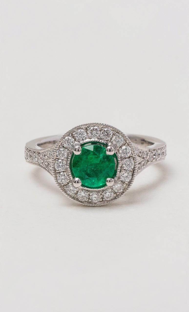 Hogans Family Jewellers 18K WG Brazilian Emerald Halo Ring