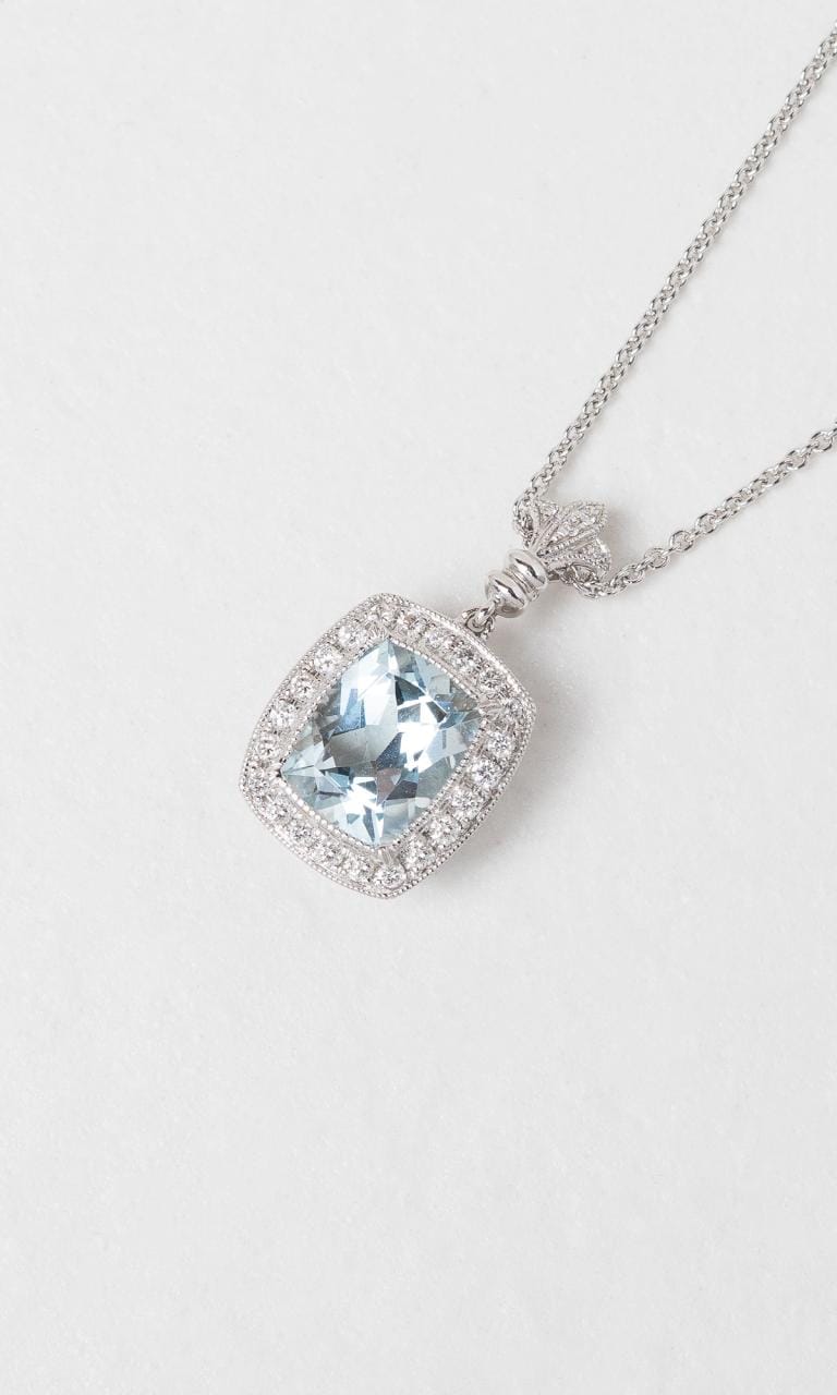 Hogans Family Jewellers 18K WG Cushion Cut Aquamarine Halo Pendant