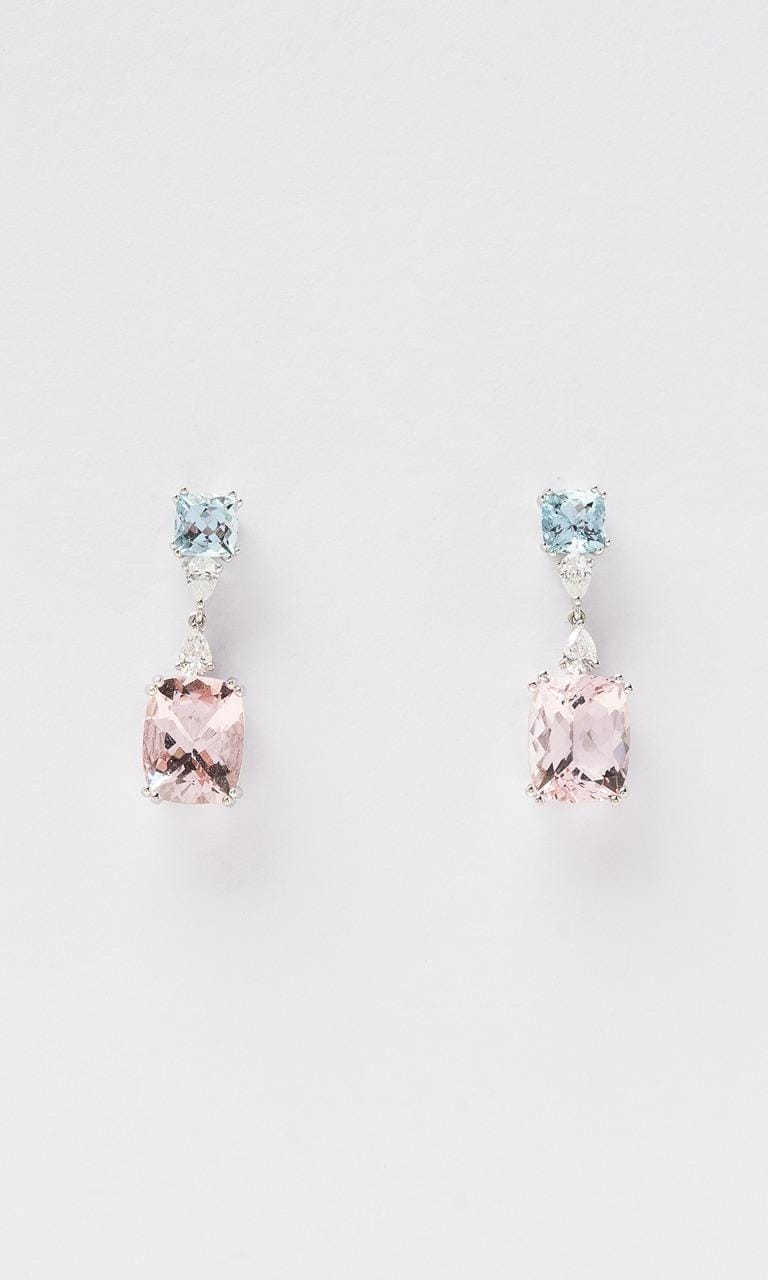 Hogans Family Jewellers 18K WG Cushion Cut Morganite & Aquamarine Drop Earrings