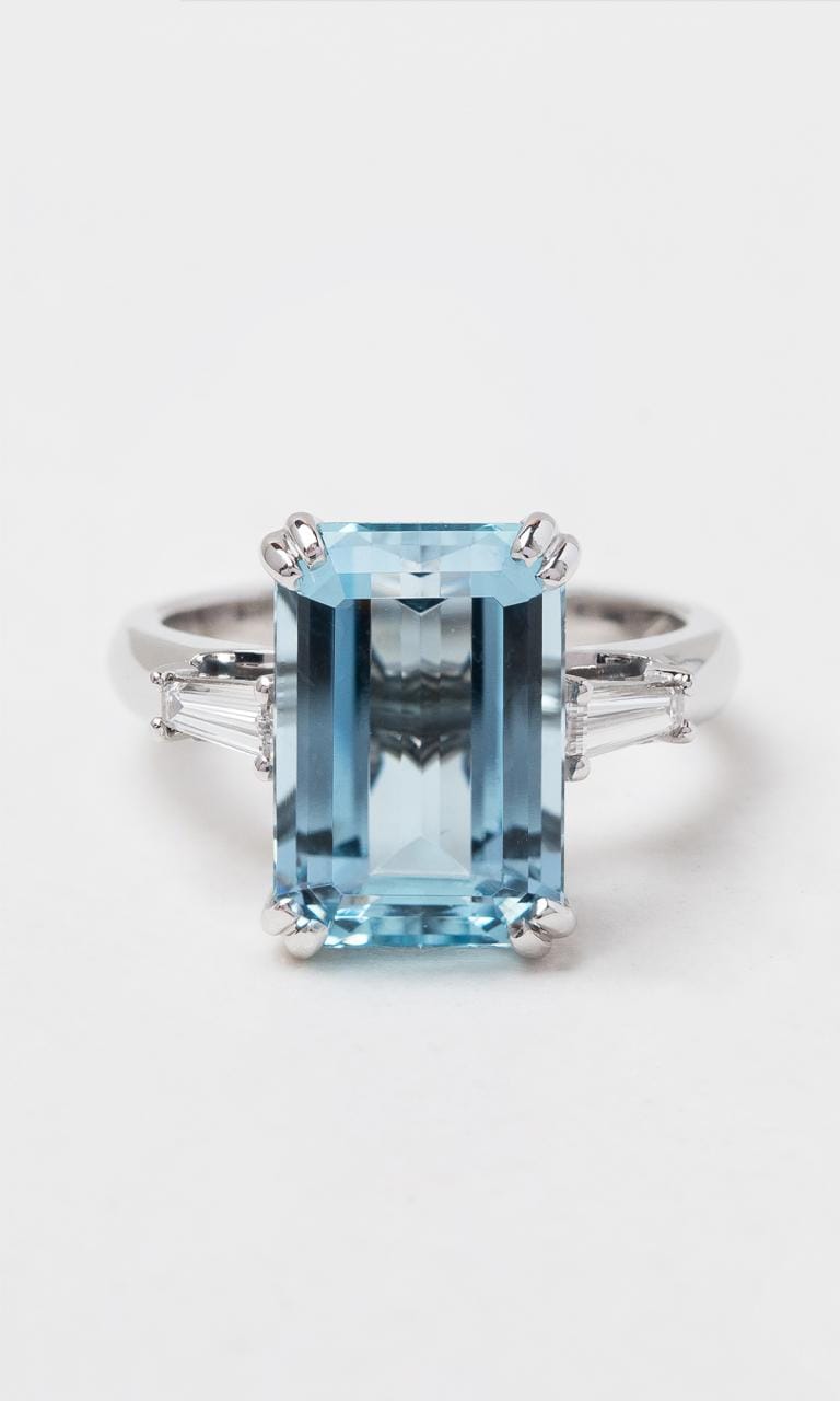 Hogans Family Jewellers 18K WG Emerald Cut Aquamarine Trilogy Dress Ring