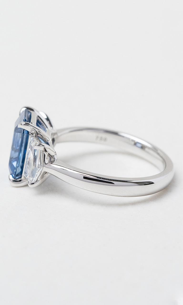 Hogans Family Jewellers 18K WG Emerald Cut Sapphire Trilogy Ring