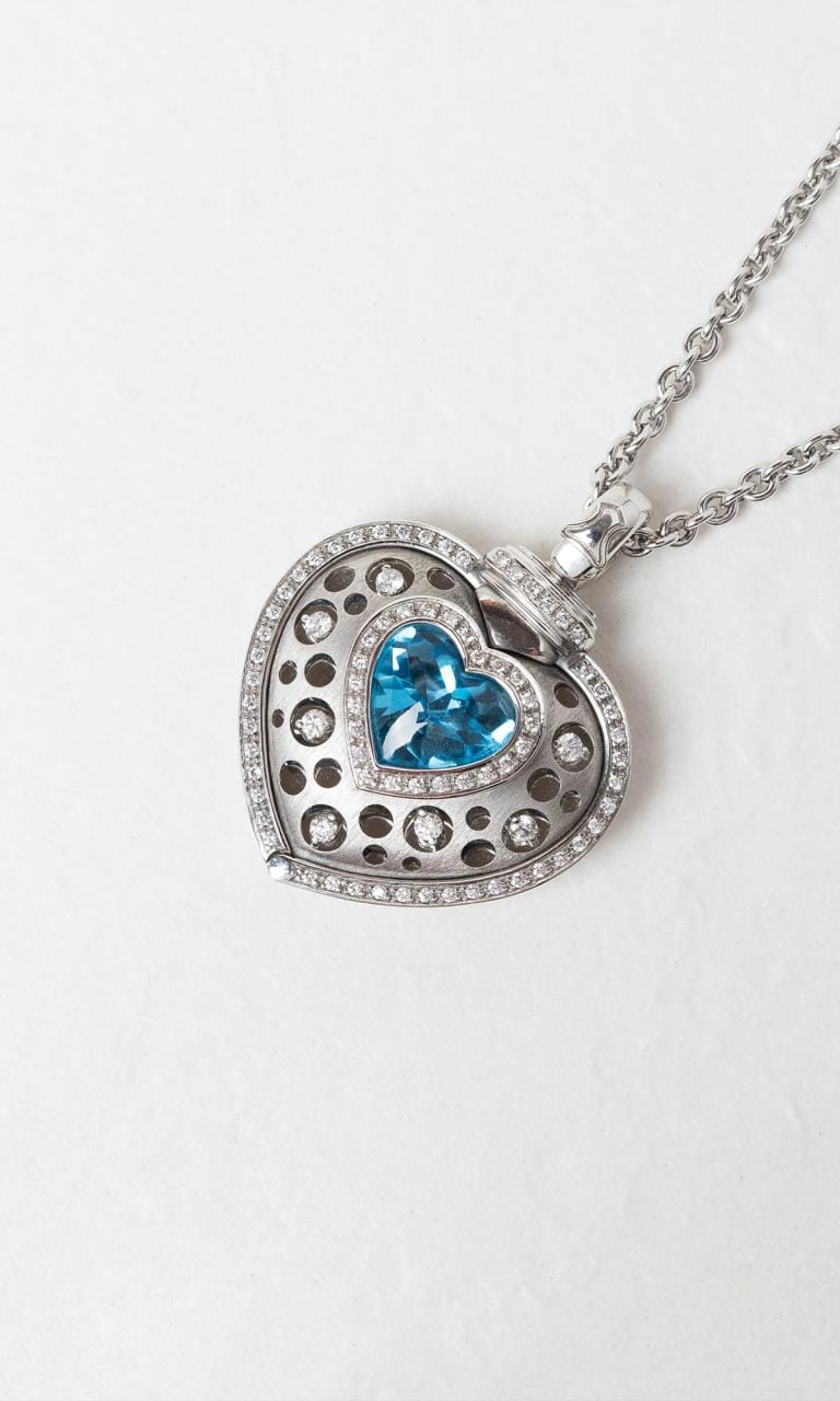 Hogans Family Jewellers 18K WG Heart Shaped Blue Topaz & Diamond Necklace