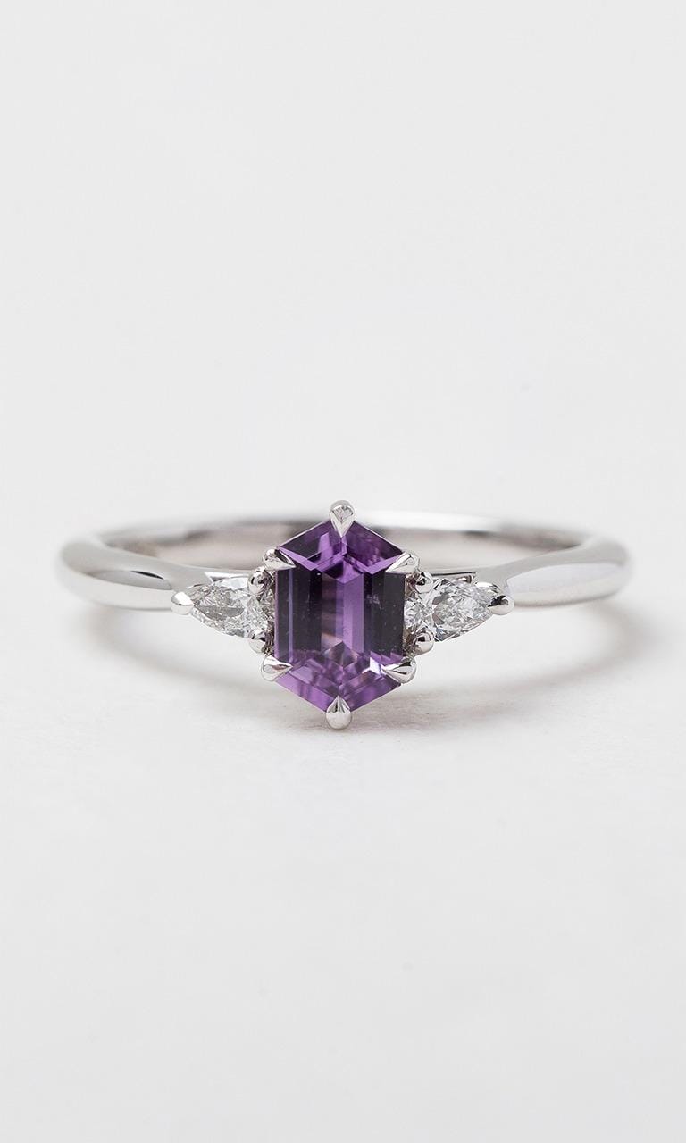 Hogans Family Jewellers 18K WG Hexagonal Cut Sapphire Trilogy Ring