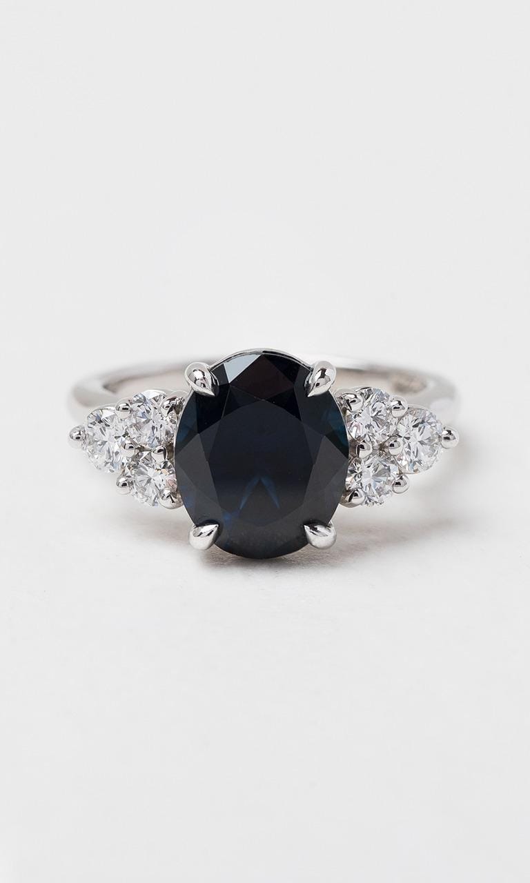 Hogans Family Jewellers 18K WG Oval Cut Australian Sapphire Tri-Cluster Trilogy Ring