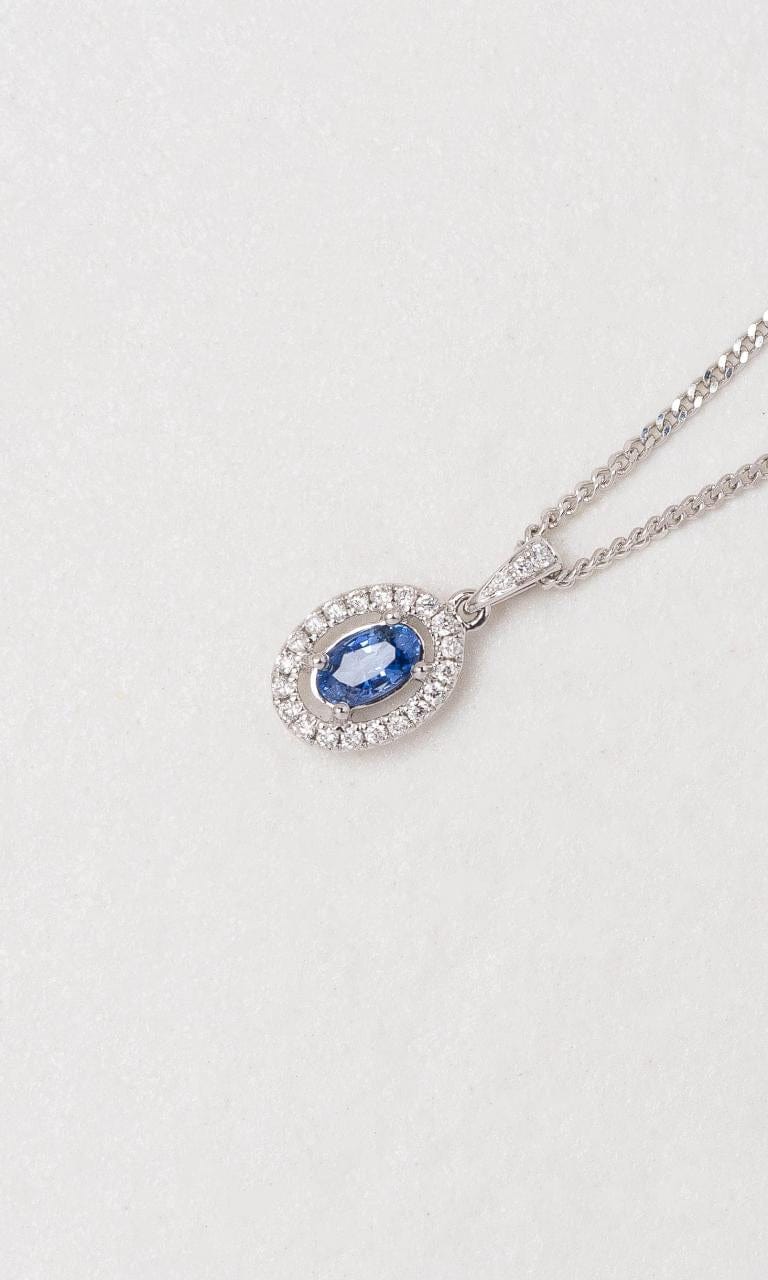 Hogans Family Jewellers 18K WG Oval Cut Ceylon Sapphire Halo Pendant