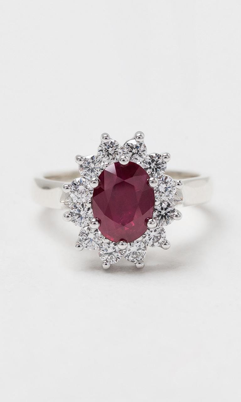 Hogans Family Jewellers 18K WG Oval Cut Ruby Halo Ring