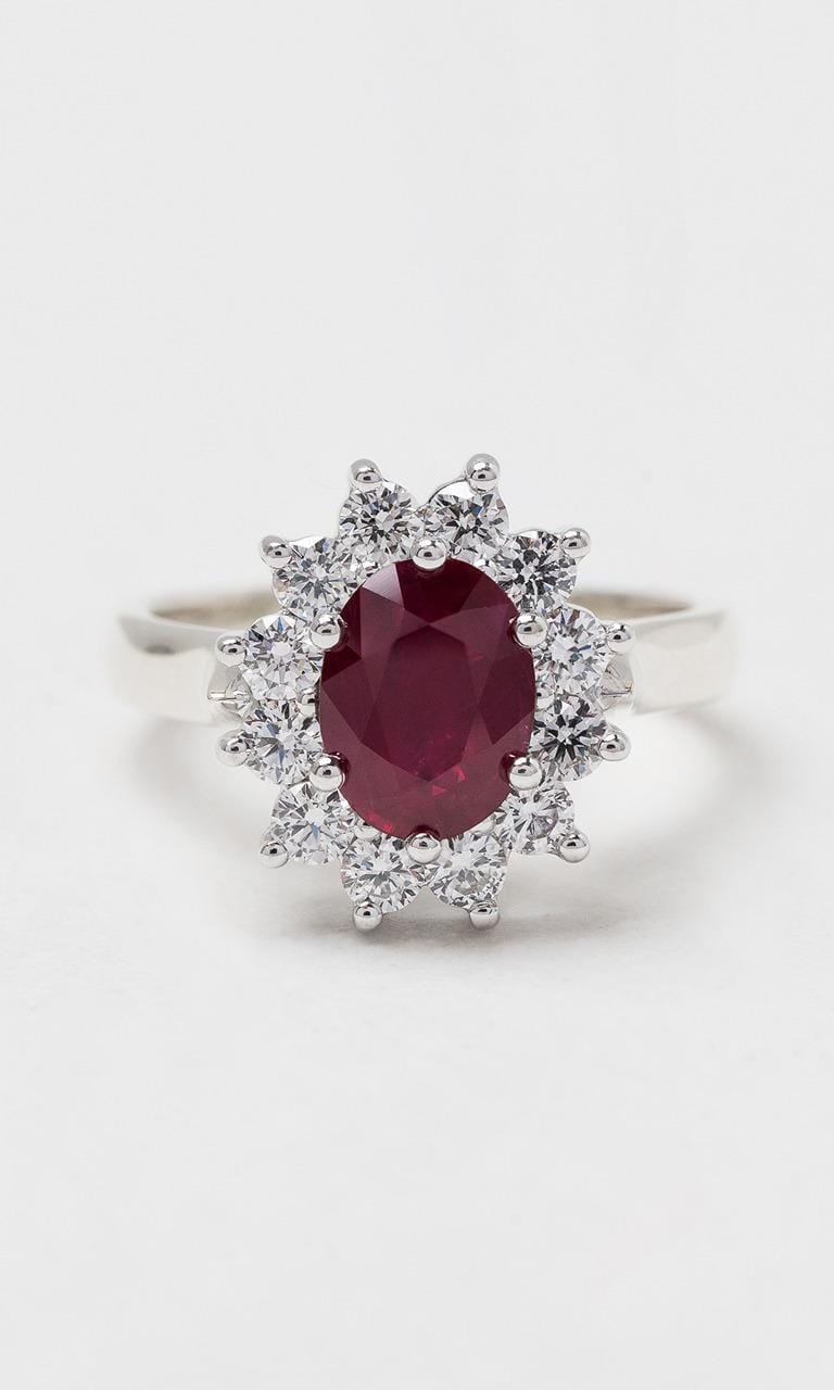 Hogans Family Jewellers 18K WG Oval Cut Ruby Halo Ring