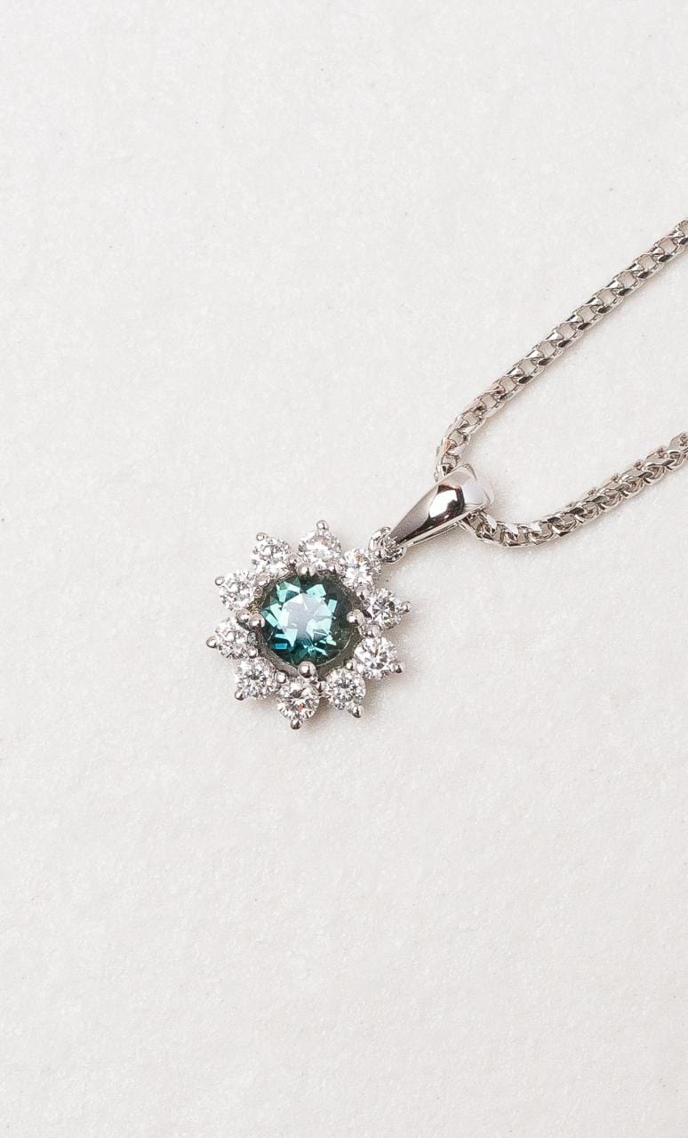 Hogans Family Jewellers 18K WG Teal Australian Sapphire & Diamond Cluster Pendant