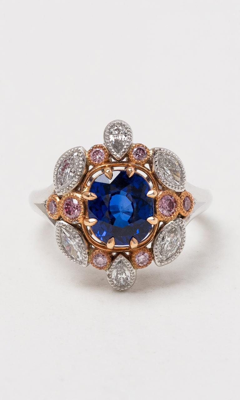 Hogans Family Jewellers 18K WRG Cushion Ceylon Sapphire  & Diamond Dress Ring