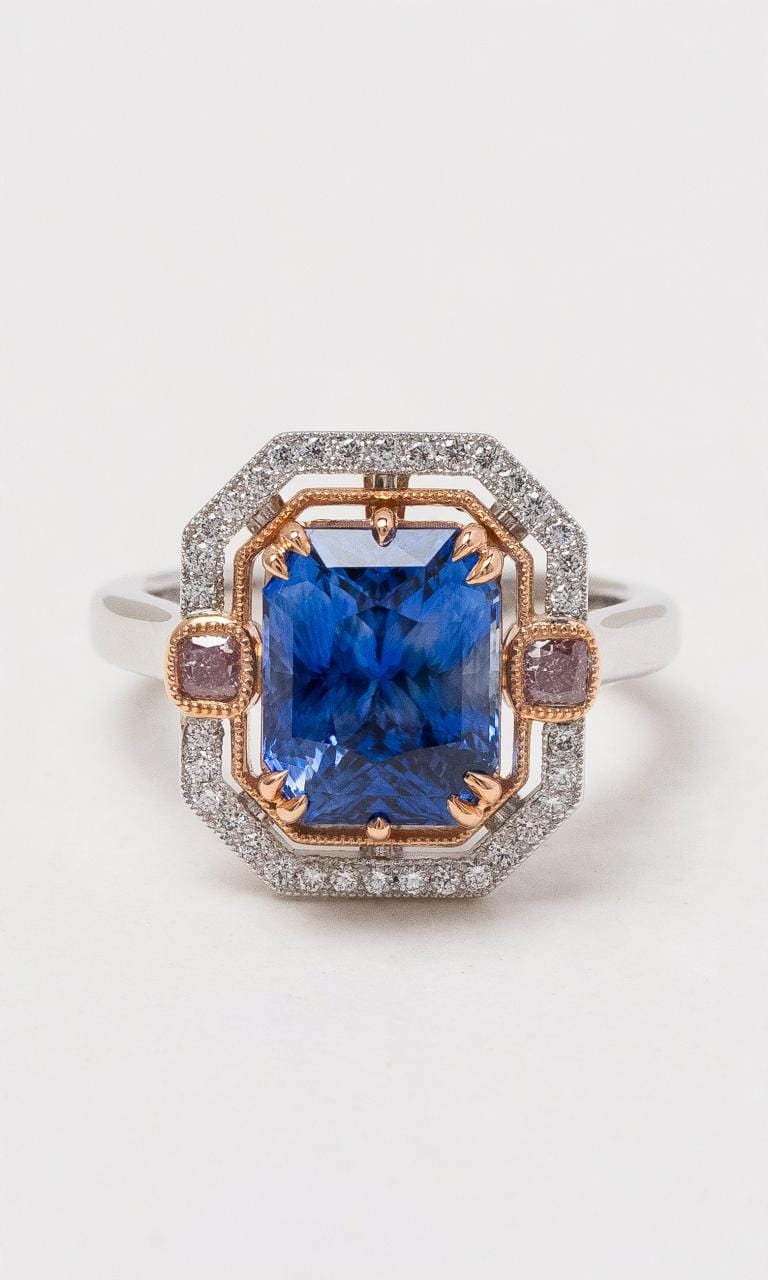 Hogans Family Jewellers 18K WRG Radiant Cut Ceylon Sapphire & Diamond Ring