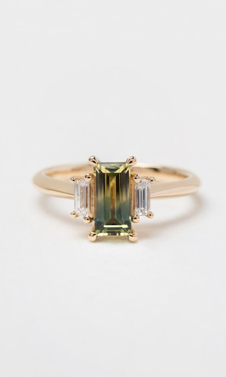 Hogans Family Jewellers 18K YG Baguette Cut Parti Sapphire Trilogy Ring
