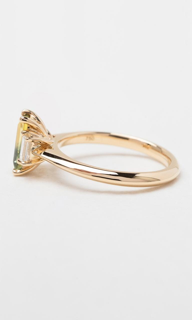 Hogans Family Jewellers 18K YG Baguette Cut Parti Sapphire Trilogy Ring