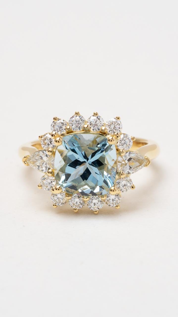 18K YG Cushion Cut Aquamarine Cluster Dress Ring | Hogans Family Jewellers 18K YG Cushion Cut Aquamarine Cluster Dress Ring | Hogans Family Jewellers