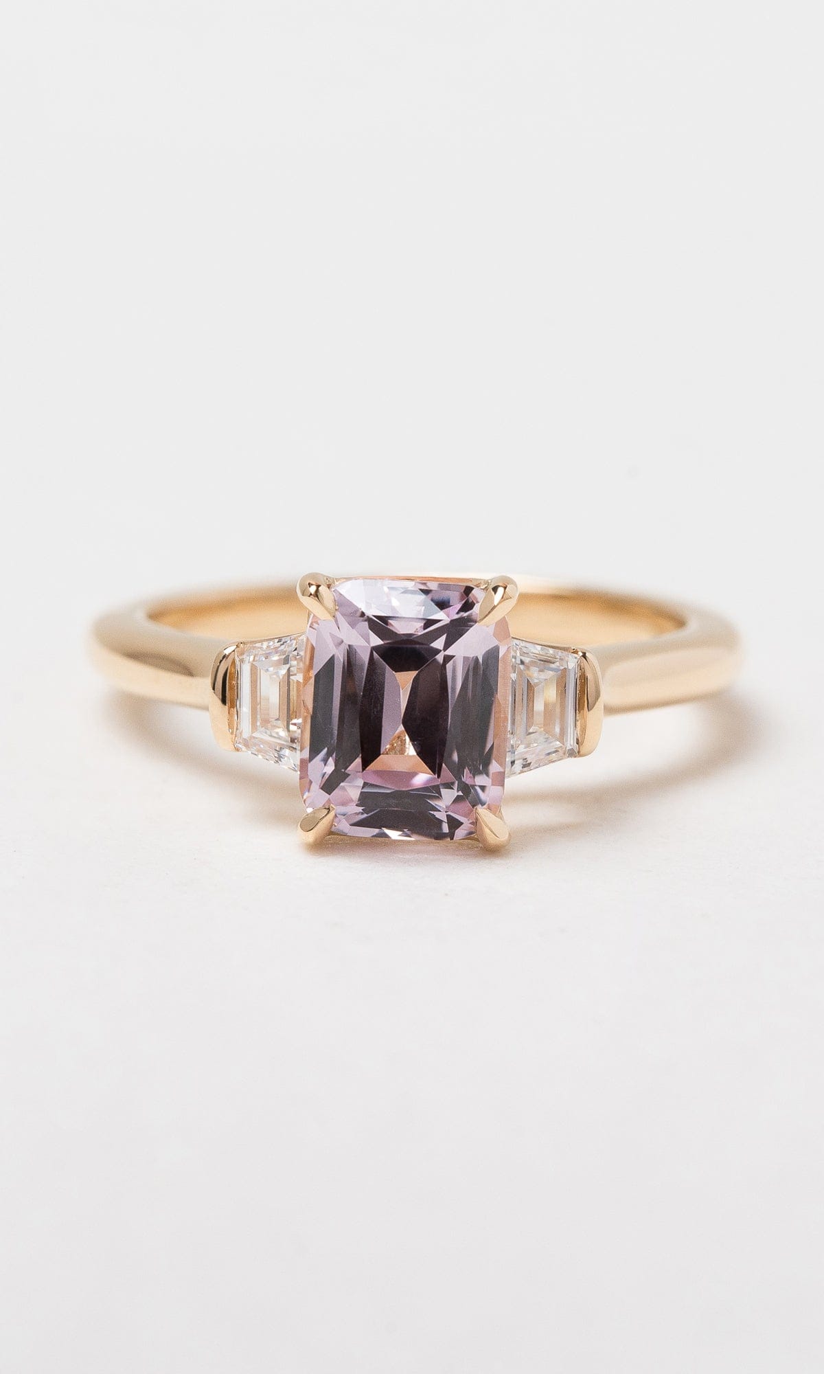 Hogans Family Jewellers 18K YG Cushion Cut Pink Sapphire Trilogy Ring