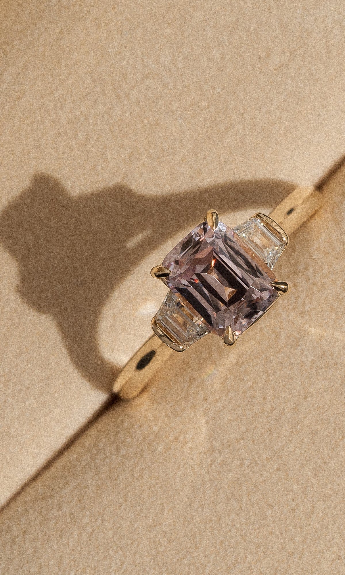 Hogans Family Jewellers 18K YG Cushion Cut Pink Sapphire Trilogy Ring