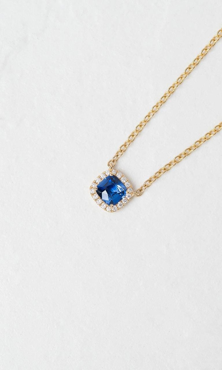 Hogans Family Jewellers 18K YG Cushion Cut Sapphire Halo Necklace