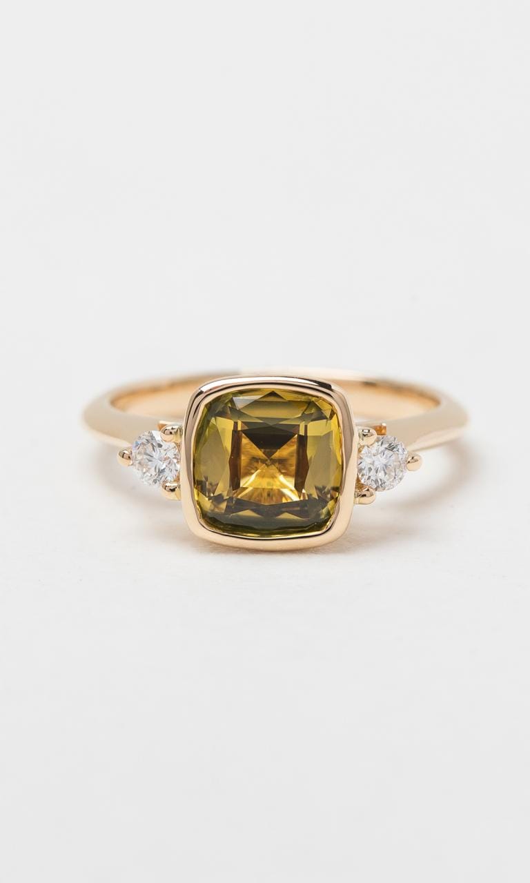 Hogans Family Jewellers 18K YG Cushion Cut Sapphire Trilogy Ring