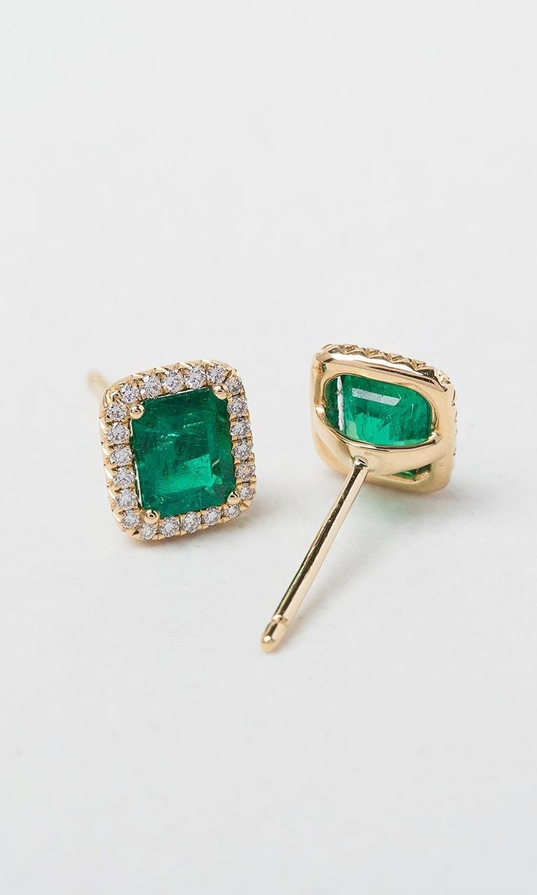 Hogans Family Jewellers 18K YG Emerald Cut Emerald Halo Stud Earrings