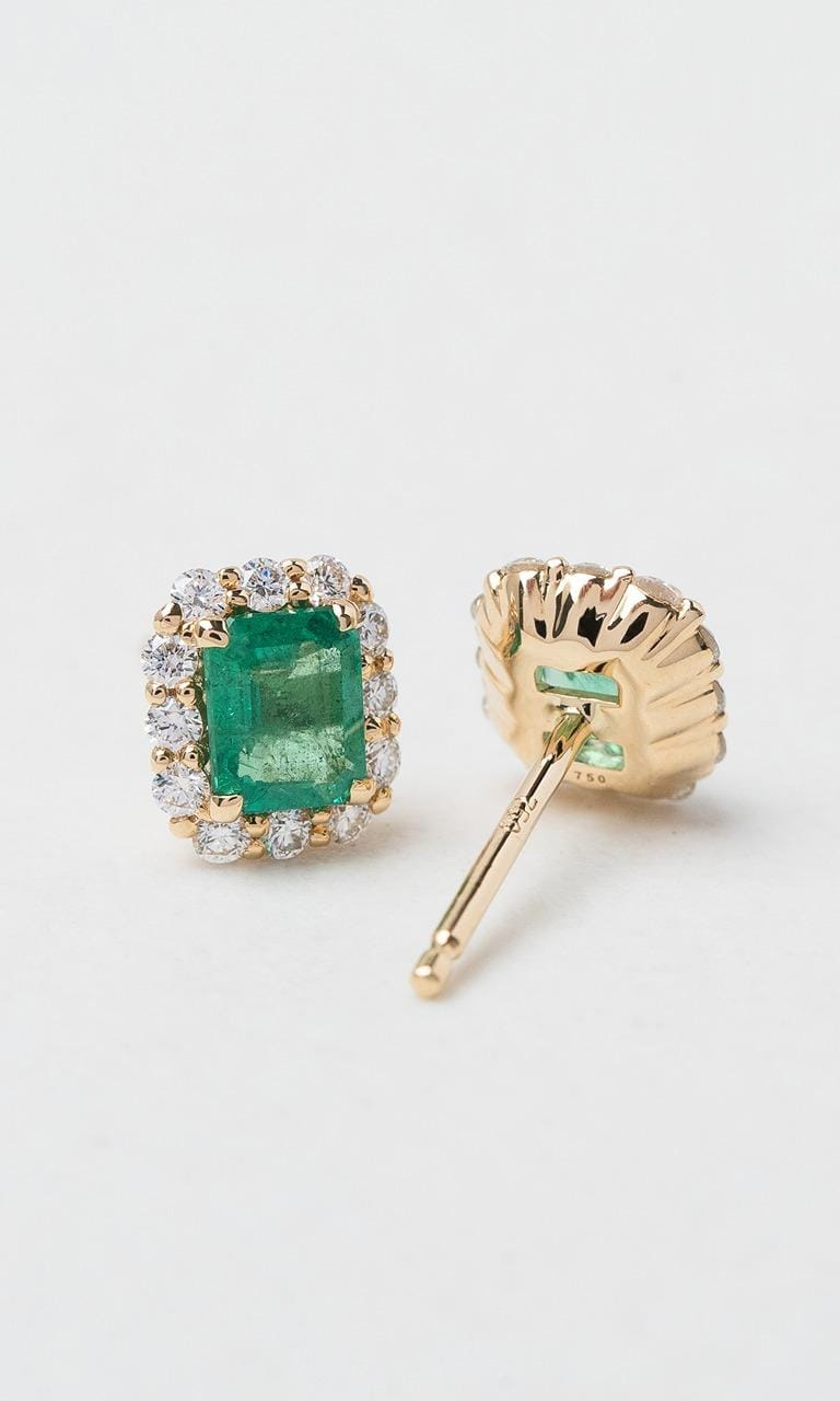 Hogans Family Jewellers 18K YG Emerald Cut Zambian Emerald Halo Stud Earrings
