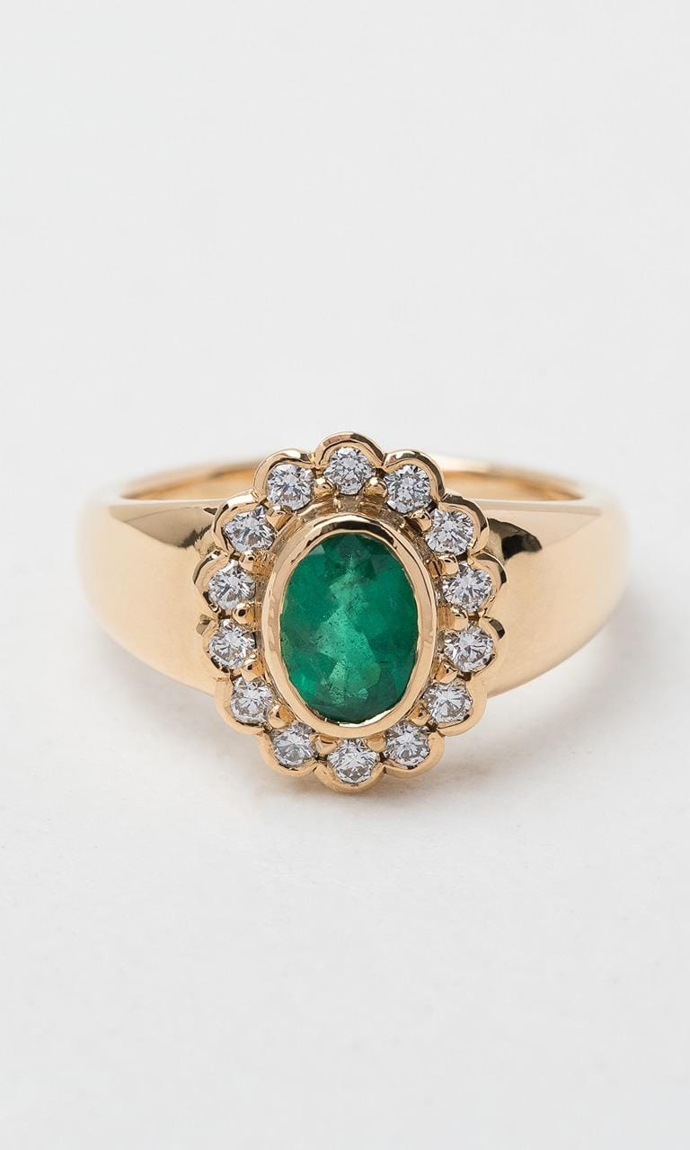 Hogans Family Jewellers 18K YG Oval Cut Emerald Daisy Signet Ring