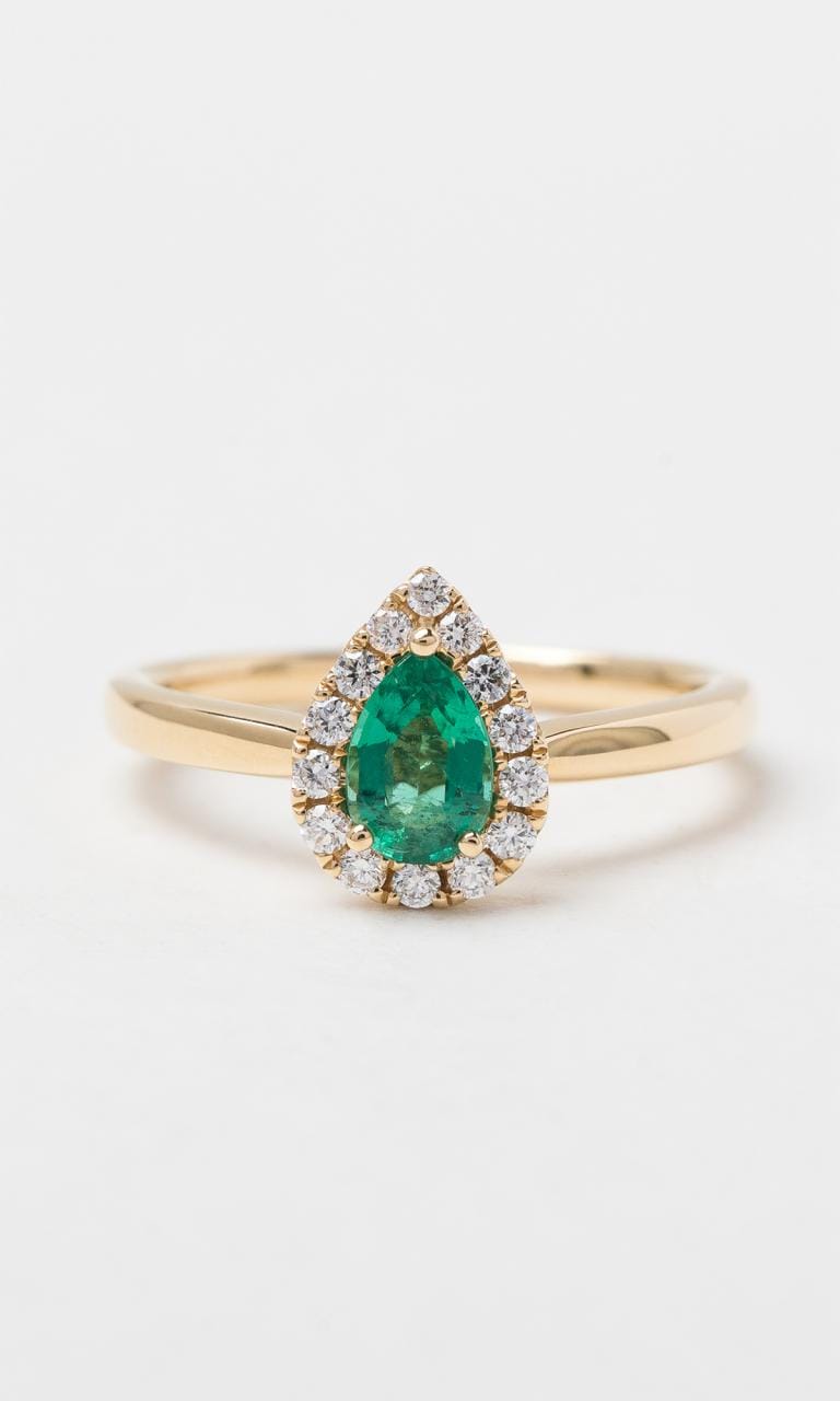 18K YG Pear Cut Emerald Halo Dress Ring | Hogans Family Jewellers 18K YG Pear Cut Emerald Halo Dress Ring | Hogans Family Jewellers