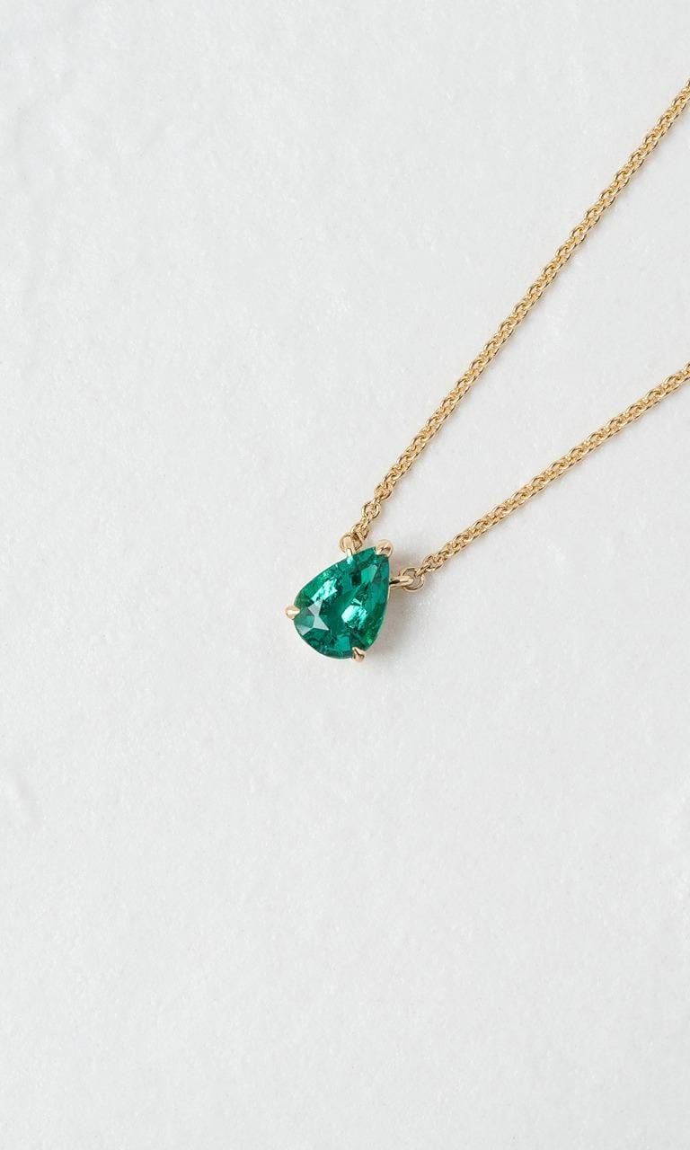 Hogans Family Jewellers 18K YG Pear Cut Zambian Emerald Solitaire Necklace