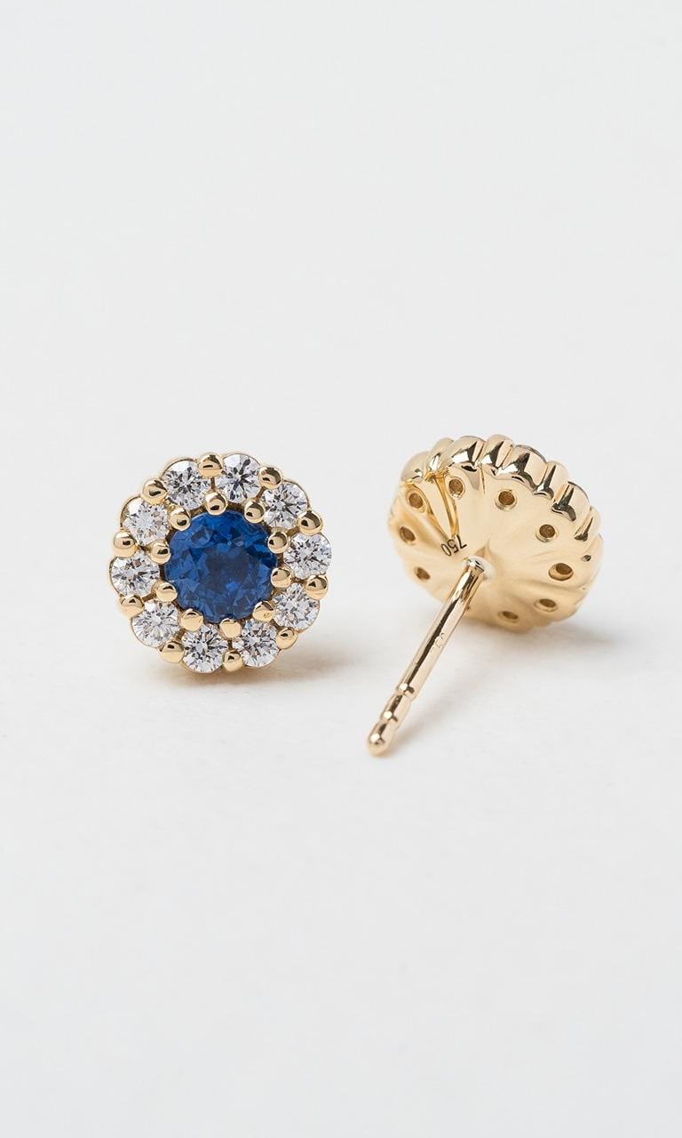 Hogans Family Jewellers 18K YG Round Brilliant Cut Ceylon Sapphire Halo Stud Earrings