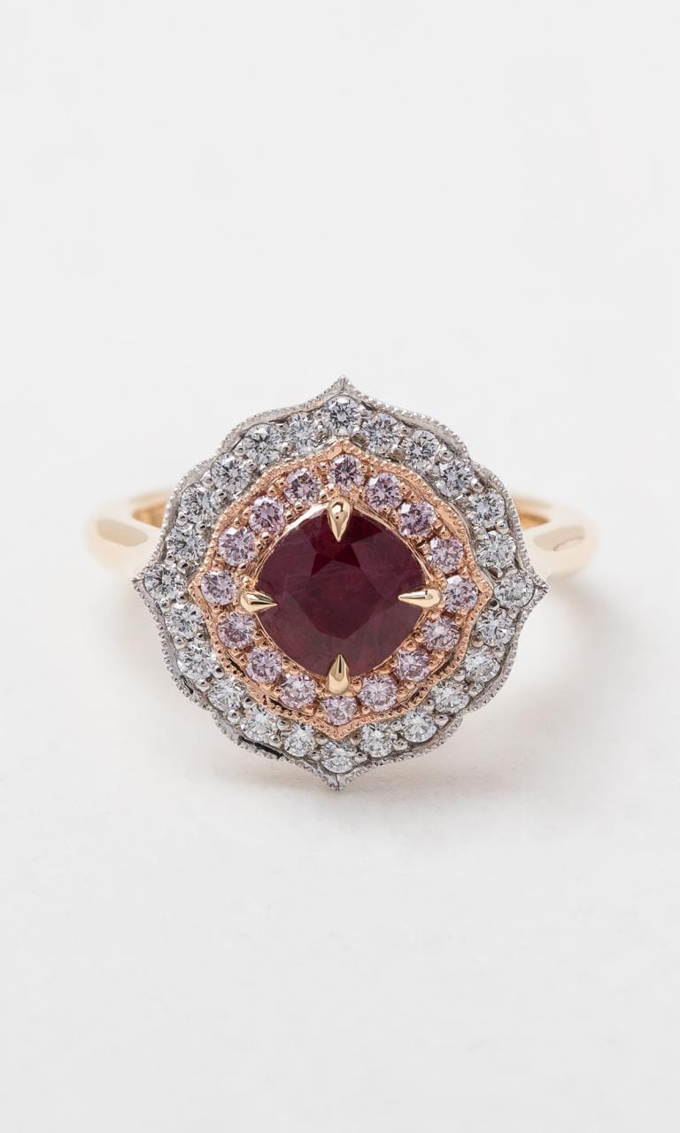 Hogans Family Jewellers 18K YRWG Cushion Cut Burmese Ruby & Australian Pink Diamond Cluster Ring
