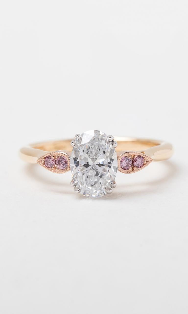 Hogans Family Jewellers 18K YRWG Oval Cut Australian Pink & White Diamond Trilogy Ring
