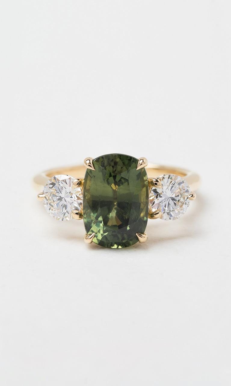 Hogans Family Jewellers 18K YWG Cushion Cut Australian Sapphire Trilogy Ring