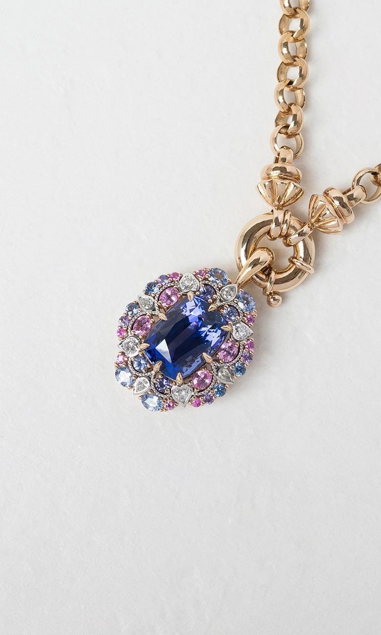 Hogans Family Jewellers 18K YWG Cushion Cut Multi-Coloured Gemstone Cluster Pendant