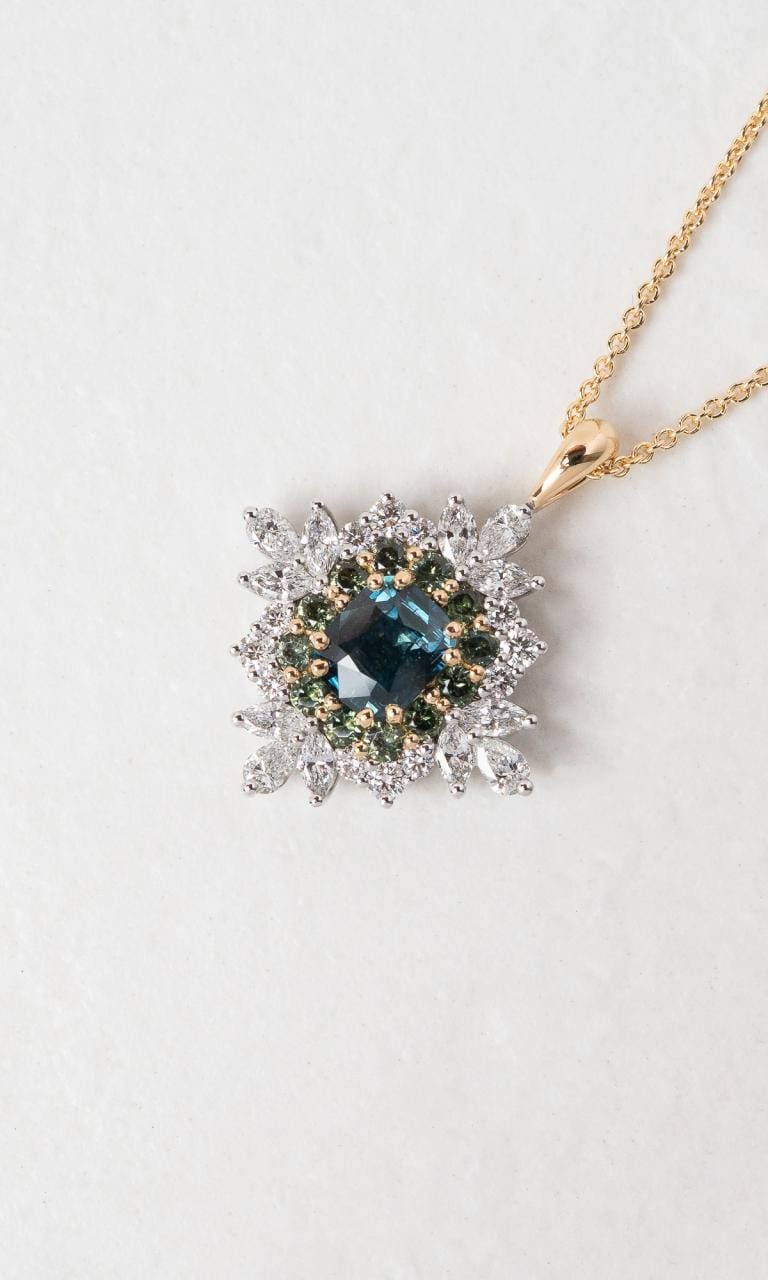 Hogans Family Jewellers 18K YWG Cushion Cut Teal Sapphire Cluster Pendant