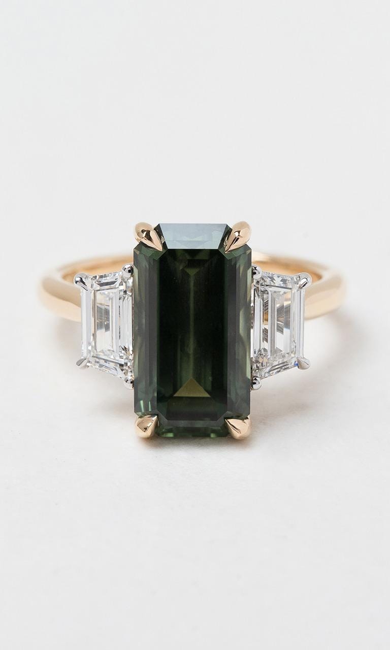 Hogans Family Jewellers 18K YWG Emerald Cut Australian Sapphire Trilogy Ring