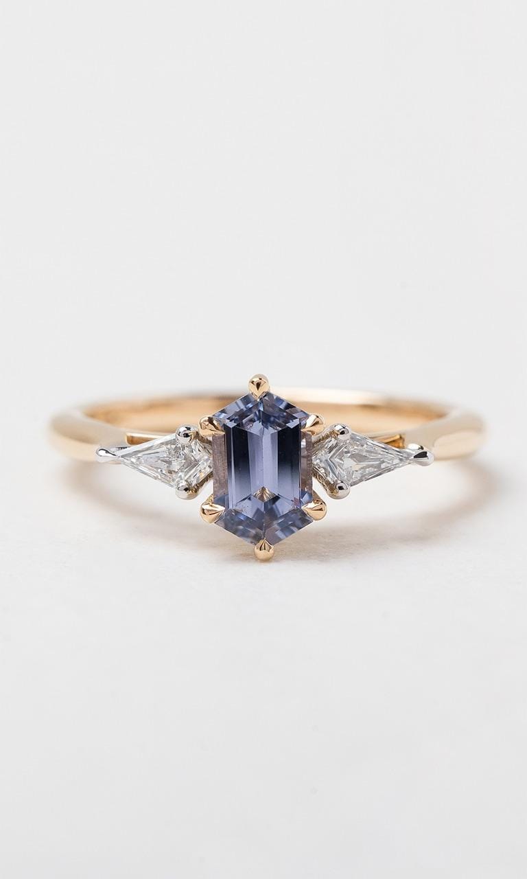 Hogans Family Jewellers 18K YWG Hexagonal Cut Sapphire Trilogy Ring